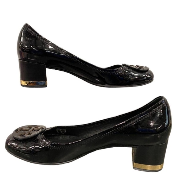 Tory Burch Amy Patent Leather Block Heel Pumps Black Gold Trim Logo Size 8 M - Picture 7 of 8